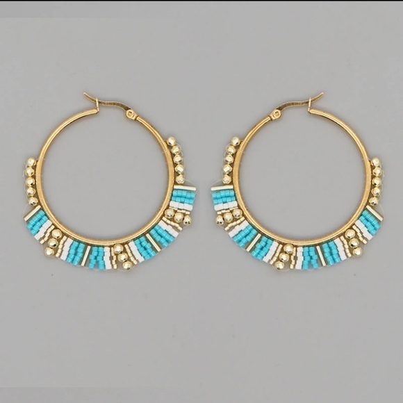 50% off 3 or more Beaded Hoop Earrings Blue & White Miyuki Rice Beads - Picture 10 of 13